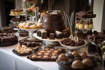 dessert table, filled with a variety of fabulous chocolate treats for guests to enjoy, created with generative ai