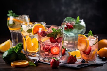 summer drinks with ice cubes and slices of fruit, created with generative ai