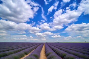 sea of lavender fields, with blue sky and fluffy clouds in the background, created with generative ai