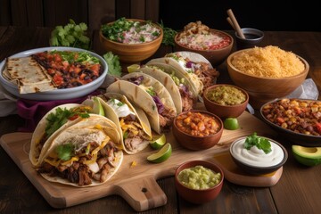 Obraz na płótnie Canvas a variety of different tacos, burritos, and nachos for a fun culinary adventure, created with generative ai