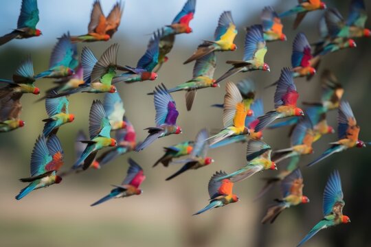 Flock Of Colorful Birds Flying Together In Formation, Created With Generative Ai