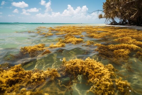 sargassum seaweed floating in tropical lagoon, created with generative ai