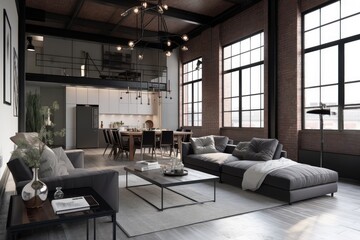 industrial home with sleek, modern furniture & glamorous lighting, created with generative ai