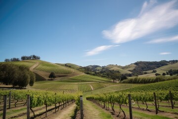Fototapeta na wymiar vineyard with rolling hills and blue skies, ideal for photo shoot, created with generative ai