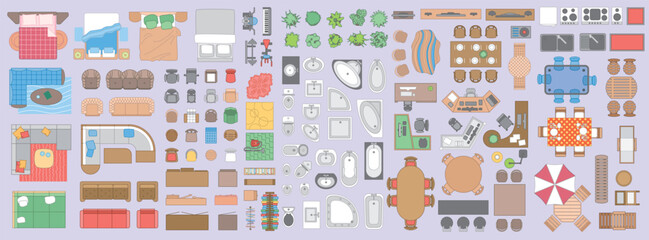 Icons set of interior and outdoor (top view). Isolated Vector Illustration. Furniture and elements for living room, bedroom, kitchen, bathroom, backyard, garden. View from above.  - 607772758
