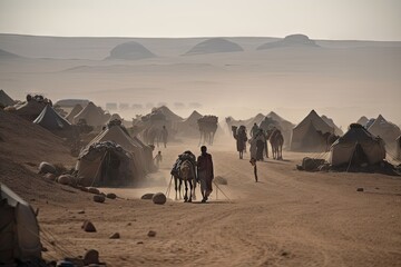 Fototapeta na wymiar nomadic tribe on the move, their tents and belongings in tow, created with generative ai