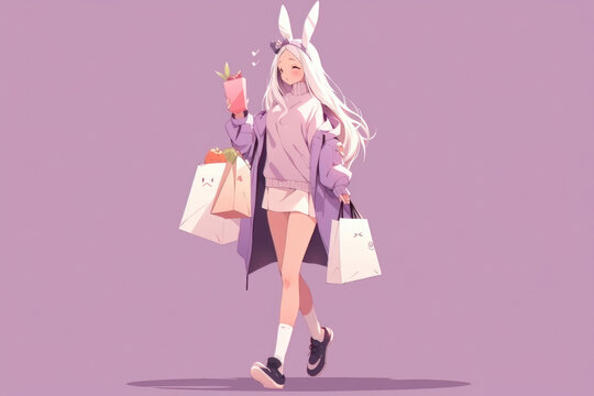 Casual Chic with Bunney Ears: Young Woman with Bunny Ears  and a lot of shopping bags Enjoys a Day of Shopping, and walks around  on Pastel Lilac Background. Generative AI