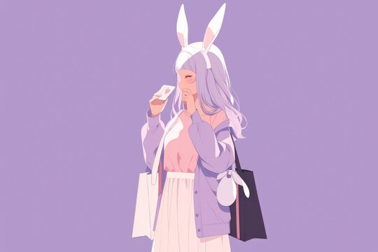 Casual Chic with Bunney Ears: Young Woman with Bunny Ears  and a lot of shopping bags Enjoys a Day of Shopping, and walks around  on Pastel Lilac Background. Generative AI