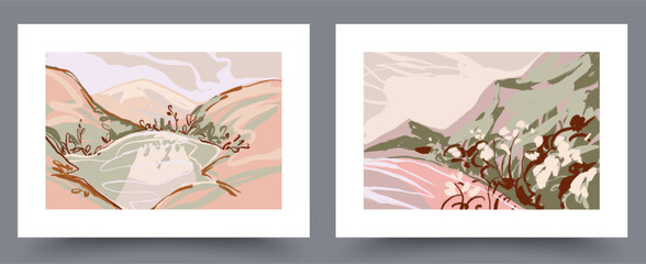 Landscape nature mountain lake wall art print. Collection, bundle. Printable minimal abstract nature poster. Wall artwork for interior design. Contemporary decorative background with lake.