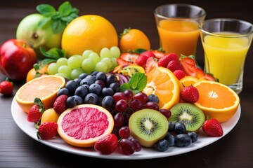 plate of colorful fruits and veggies, with a glass of juice in the background, created with generative ai