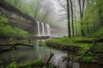 spring waterfalls with lush greenery and mist in the background, created with generative ai