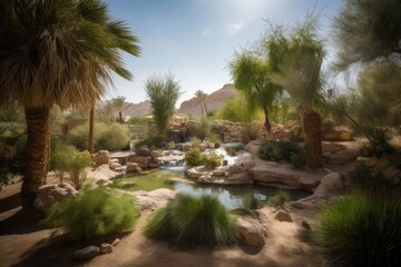 oasis with waterfall and garden, surrounded by desert landscape, created with generative ai