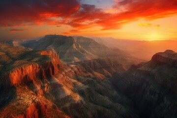 majestic mountain range, with fiery sunset highlighting the cliffs and canyons, created with generative ai
