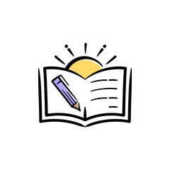 Book pen pencil and sun light sunshine logo concept for education, foundation, children and more. Vector hand drawn illustration
