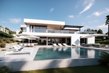Fototapeta na wymiar modern mediterranean house with infinity pool and outdoor lounge area, created with generative ai