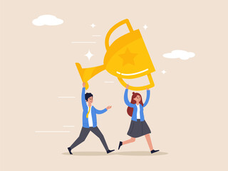 Winning award or success. Team achievement, teamwork collaborate work together to achieve business goal, partnership or participation, business team people celebrate help carry big winner trophy.