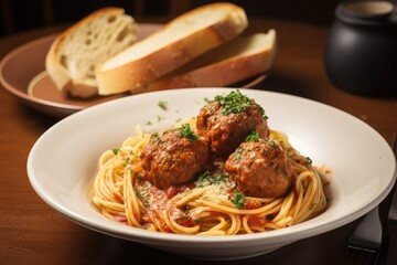 plate of spaghetti and meatballs with side of garlic bread, created with generative ai