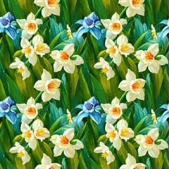 Seamless floral pattern with daffodil flowers, tileable, Generative AI
