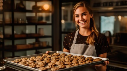 A fictional person. Female Chocolatier Holding Tray of Freshly Baked Chocolate Chip Cookies