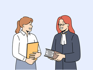 Smiling female lawyer and paralegal with folders in office. Happy woman judge with assistant holding documents in court. Vector illustration. 