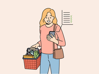 Smiling woman grocery shopping with list on cellphone. Happy female buy groceries in supermarket with planner on smartphone. Vector illustration. 