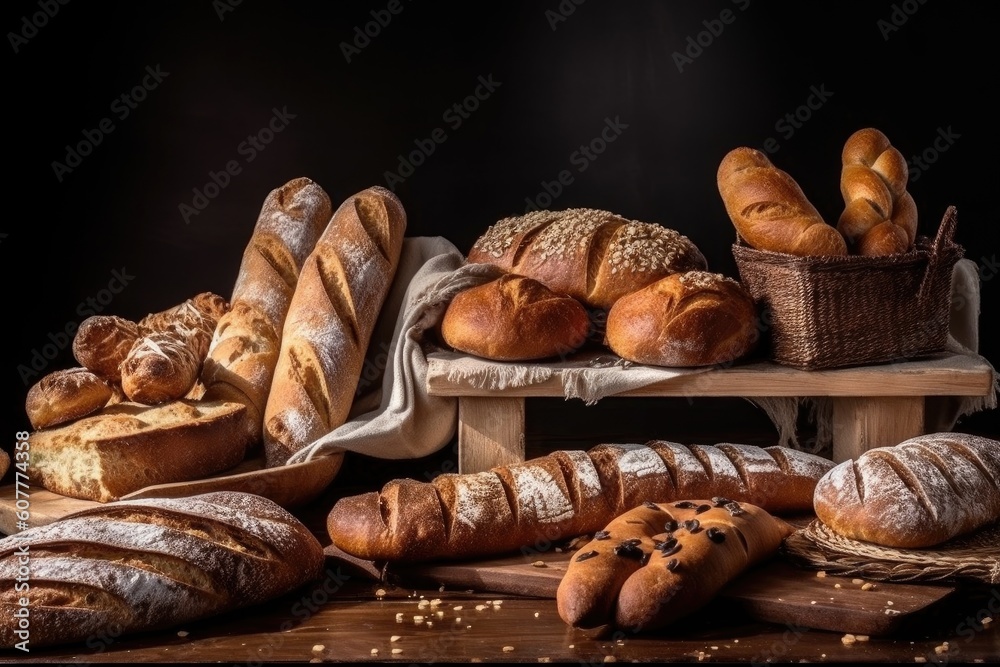 Wall mural lineup of freshly baked breads, with different types and shapes for variety, created with generative ai