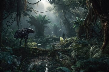 alien, roaming through dense jungle, observing myriad plant and animal species, created with generative ai