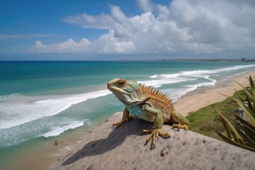 exotic pet with view of beach and ocean waves, created with generative ai