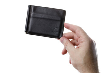 the hand holds a leather wallet isolated on a transparent background