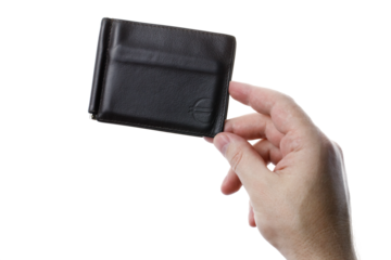 the hand holds a leather wallet isolated on a transparent background
