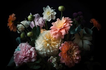 pastel flower bouquet on sleek black background, created with generative ai
