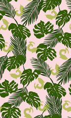 Bright seamless summer tropical pattern with palm leaves and monstera on pink background. Vector illustration.