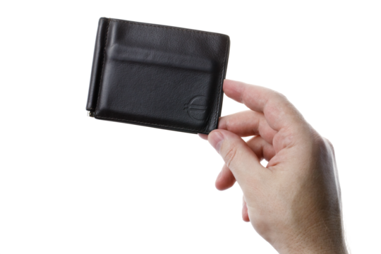 the hand holds a leather wallet isolated on a transparent background