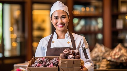 A fictional person. Smiling Female Chocolatier Presenting Beautifully Wrapped Gift Box of Assorted Chocolates