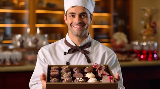 A fictional person.  Smiling Chocolatier Presenting Beautifully Wrapped Gift Box of Assorted Chocolates