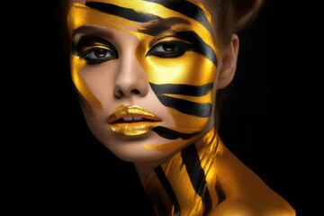 Black and Yellow Creative Makeup on a Model, Closeup of Artistic Beauty. Generative AI.