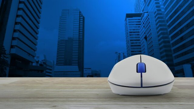 Cross shape with shield flat icon with wireless computer mouse on wooden table over modern office city tower and skyscraper, Business healthy and medical care insurance online concept