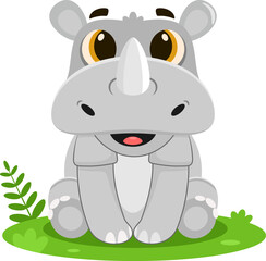Cute Baby Rhinoceros Animal Cartoon Character. Vector Illustration Flat Design Isolated On Transparent Background