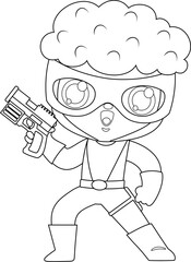 Outlined Cute Super Hero Kid Boy Cartoon Character With Gun. Vector Hand Drawn Illustration Isolated On Transparent Background