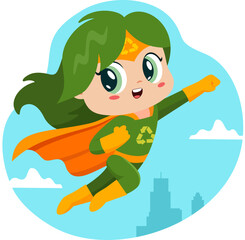 Cute Super Hero Kid Girl Cartoon Character Flying. Vector Hand Drawn Illustration Isolated On Transparent Background