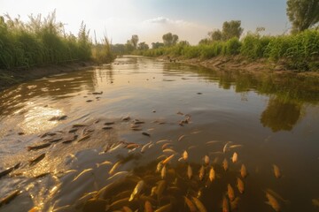 fish swimming in murky water surrounded by agricultural runoff, created with generative ai