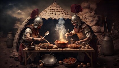 Ancient soldiers are cooking. Generative AI
