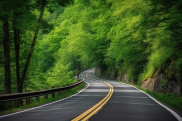 scenic highway surrounded by lush, green forests, created with generative ai