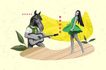 Collage design of headless absurd man lover addicted by his girlfriend play musical instrument...