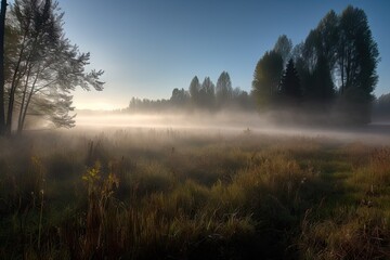 morning fog surrounds meadow, with the sun beginning to peek through the clouds, created with generative ai