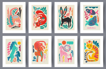 Animal animals surreal fauna wall art print. Printable minimal abstract animals poster. Contemporary decorative background with fauna. Wall artwork for interior design. Set, collection.