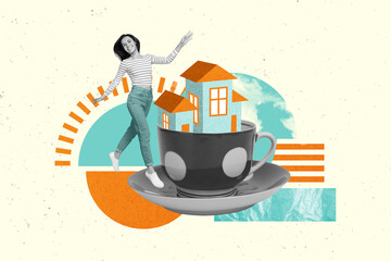 Collage metaphor of young funky owner customer new real estate promo residential complex inside cup...