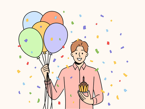 Happy man with bunch of balloons and cupcake with candle celebrate birthday. Smiling guy with cake have fun greeting with anniversary or special occasion. Vector illustration.