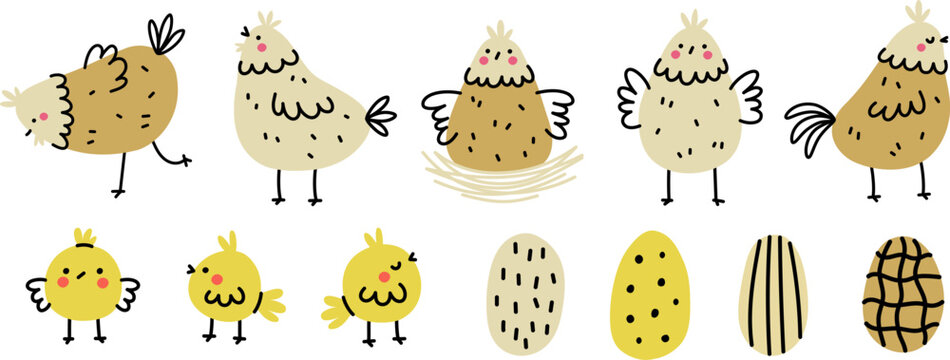 Cute hand drawn chicken set. Chickens, chicks, and eggs in doodle style. Simple vector illustration.