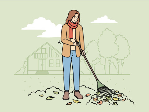 Woman with rake gathering leaves in street in autumn. Female in outerwear sweeping fallen leaves in fall. Vector illustration. 